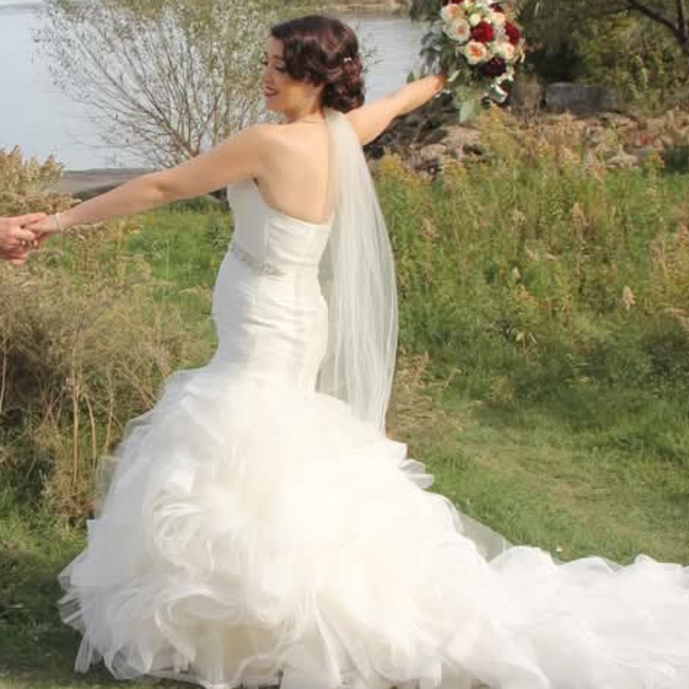 Elegant Ivory Pronovias Strapless Wedding Dress with Custom Beaded Belt